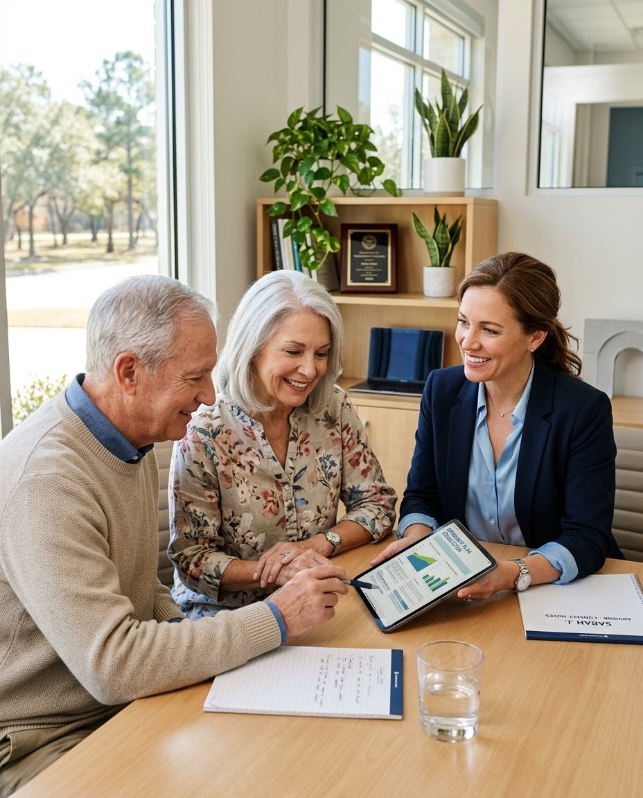 A licensed JMA Professionals agent reviewing Medicare coverage options with a retired couple